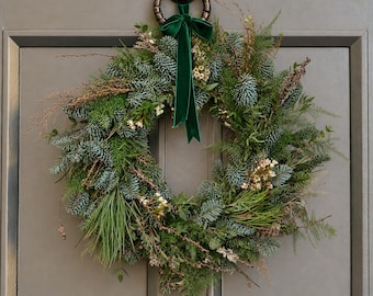 Alpine Fresh Christmas Door Wreath with Blue Fir and Velvet Ribbon