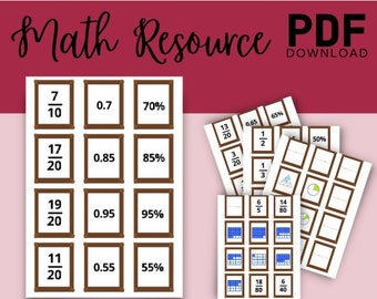 Fraction Cards Matching Game: Decimals, Percentages, Diagrams (PDF Pattern)