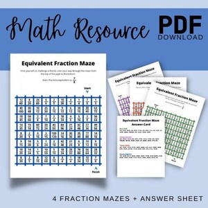May include: Four printable fraction maze worksheets with an answer key. Each maze features a grid of fractions and students must find the equivalent fractions to solve the maze. The mazes are color-coded with blue, red, green, and orange.