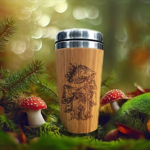 VINTAGE AMANITA Bamboo Travel Mug Wood Gift Mushroom Tumbler with Personalized Custom Text