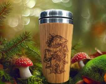 Mug de voyage en bambou AMANITA VINTAGE, cadeau en bois, gobelet champignon avec texte personnalisé