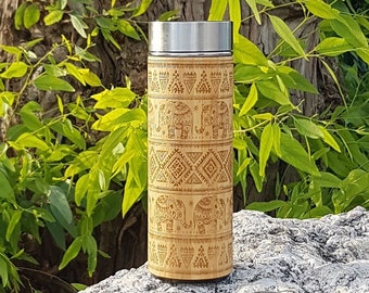 ETHNIC ELEPHANTS Wood XL Thermos Engraved Pattern Water Bottle