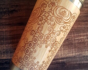 FLORAL MANDALA Personalized Bamboo Gift Travel Mug Wooden Custom Engraved Sacred Geometric Tumbler, Name Engraving & Gift Wrap on request.