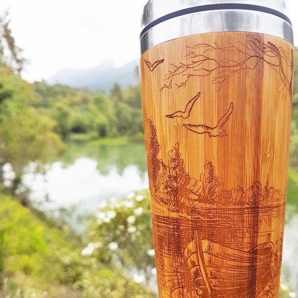 Fishing Father Gift Bamboo Wood Travel Mug Early Morning Custom Engraved Design Car Driver Coffee Tea Cup Stainless Steel