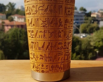 Egyptian Hieroglyphs Bamboo Wooden Travel Mug Customized Wood Gift Tumbler with Personalized Text