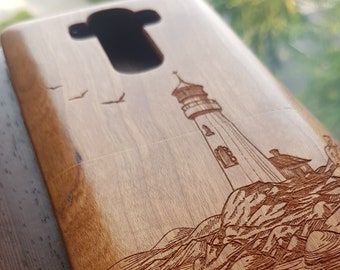 LIGHTHOUSE Coque de téléphone en bois nautique iPhone 15 14 Plus 13 12 mini 11 Pro XR X XS Max 7 8 se 2020 Couverture en bois de cerisier naturel