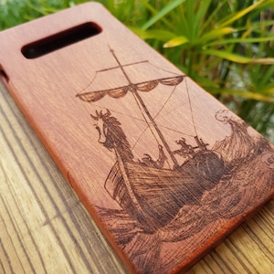 Viking Ship iPhone 15 14 Plus 13 12 11 Pro Max X XS Max 8 7 plus Natural Cherry Wood Phone Case Wooden Cover Nautical Custom Design