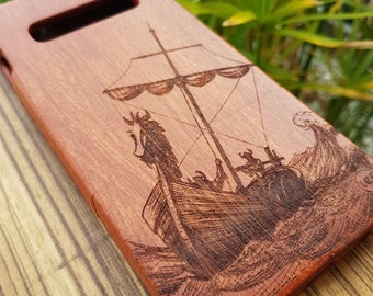 Bateau viking pour iPhone 15 14 Plus 13 12 11 Pro Max X XS Max XR 8 7 6 SE 2020 cerisier naturel coque de téléphone housse en bois nautique Design personnalisé