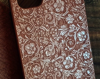 Coque pour portable iPhone 11 PRÊTE À L'EXPÉDITION, Fleurs fantaisies, fleurs abstraites en bois, design personnalisé