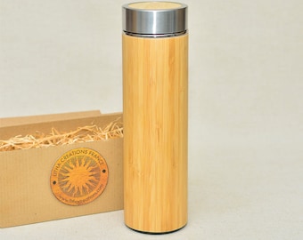 Cadeau en bois Logo avec photo avec texte et noms Thermos XL avec image personnalisée gravée et emballage cadeau offert