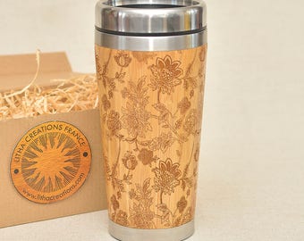 DREAMILY Personalized Bamboo Gift Travel Mug Wooden Custom Engraved Floral Tumbler, Name Engraving & Gift Wrap on request