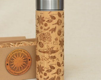 Spezie Vaniglia Legno di bambù Thermos XL Caffè Tè Infusione Bottiglia d'acqua Incisione del nome personalizzato sul coperchio e confezione regalo offerta