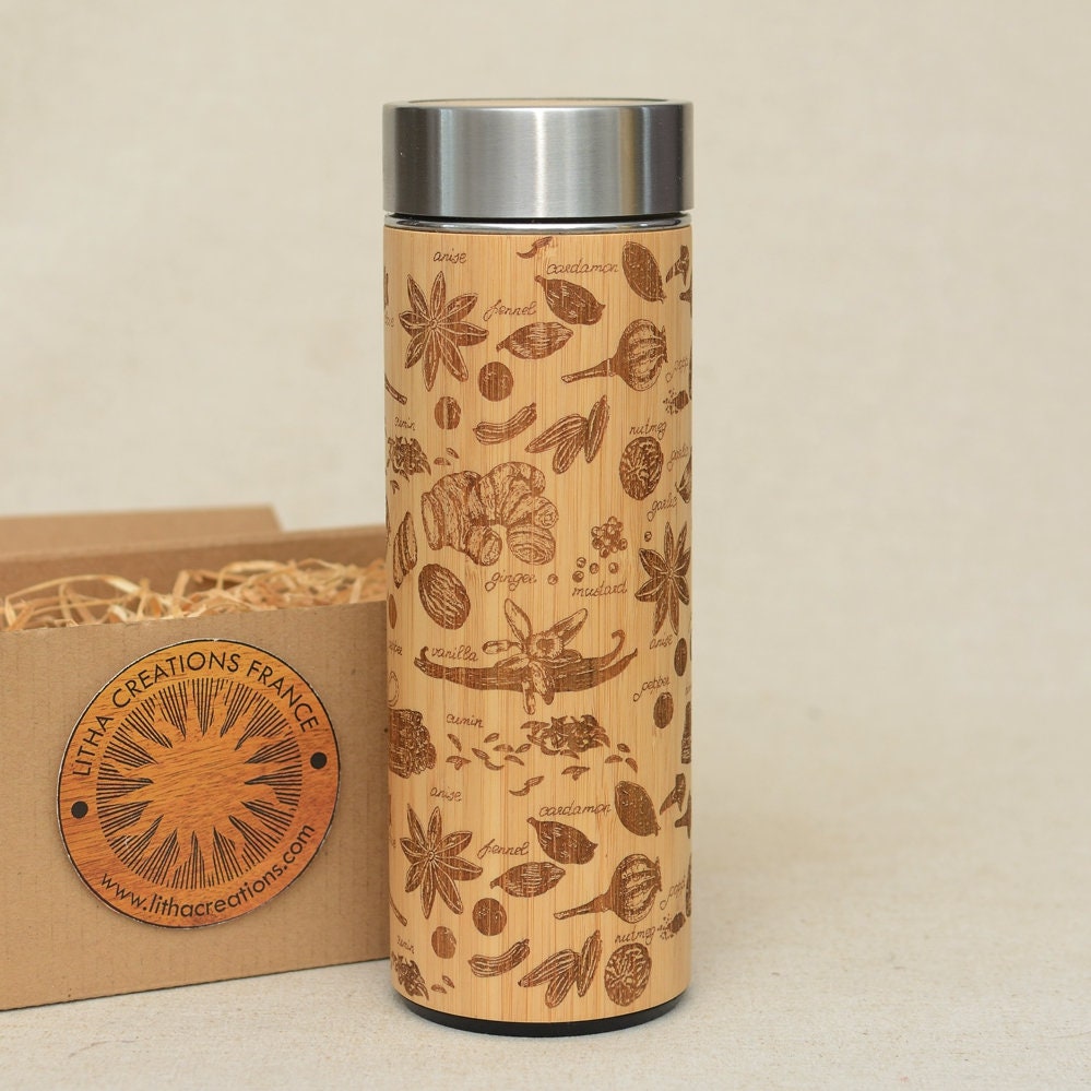 Épices Vanille Bois Thermos Personnalisé Café Thé Infusion Bouteille avec Fibre de Bambou Antibactér