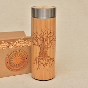 Tree of Knowledge XL Bamboo Wood Thermos Gift with Personalized Name Engraving on Lid and Gift Wrap on request