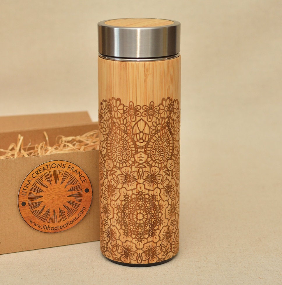 Ethnic Floral Mandala Xl Bois Thermos Gravé Design en Bambou Flacon Sous Vide Bois Acier Inoxydable 