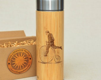 PENNY FARTHING Bamboo Wood XL Thermos Wooden Water Bottle Funny Bicycle Gift for Cyclists and Sport History Lovers