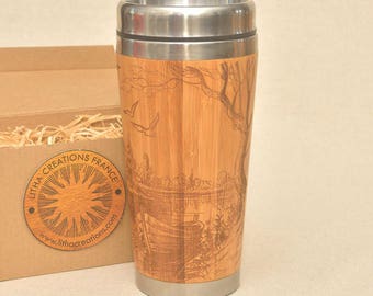 Fishing Father Wood Gift Tazza da viaggio in bambù Mattina presto Design personalizzato con incisione Autista di auto Caffè Tazza da tè Acciaio inossidabile