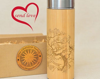 JAPAN Gift Bamboo Wood Thermos with Sakura Cherry Blossom, FREE Name Engraving on Lid and Gift Wrap Offered