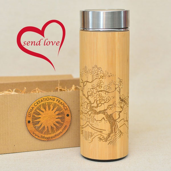 JAPAN Gift Bamboo Wood Thermos with Sakura Cherry Blossom, FREE Name Engraving on Lid and Gift Wrap Offered