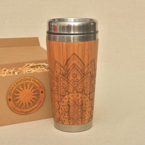 HALF MANDALA Personalized Bamboo Gift Travel Mug Wooden Custom Engraved Sacred Geometric Tumbler, Name Engraving & Gift Wrap on request