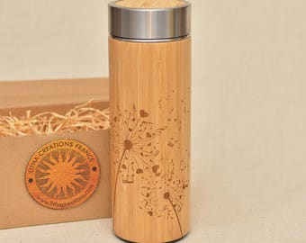 Note di tarassaco in legno di bambù XL bottiglia regalo per infusione d'acqua in legno con incisione termica, incisione del nome GRATUITA sul coperchio e confezione regalo offerta