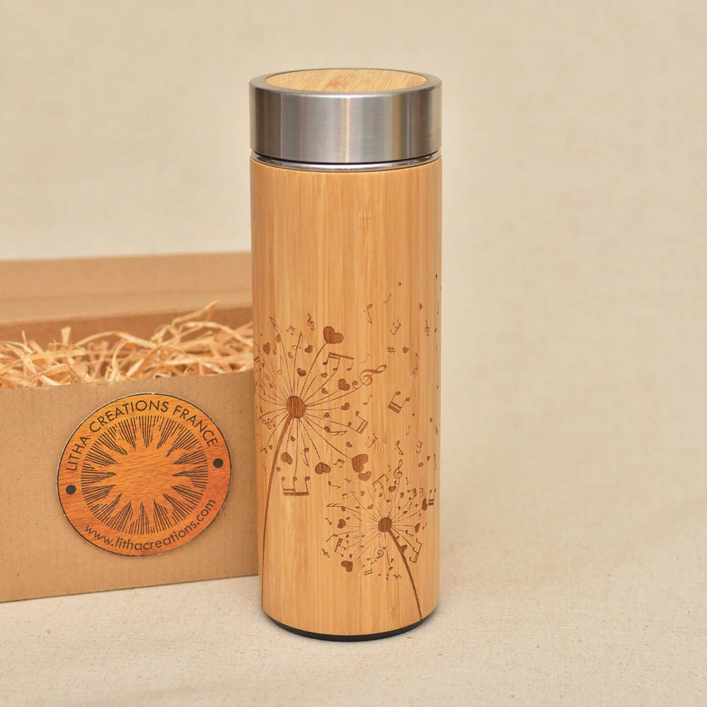 Pissenlit Notes Bois Xl Bambou Thermos Original Cadeau Gravé Bouteille d'infusion d'eau en Bois