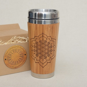 Wooden Travel Tumbler Mug CHAKRA FLOWER Wood Gift Engraved Sacred Geometric Custom Design