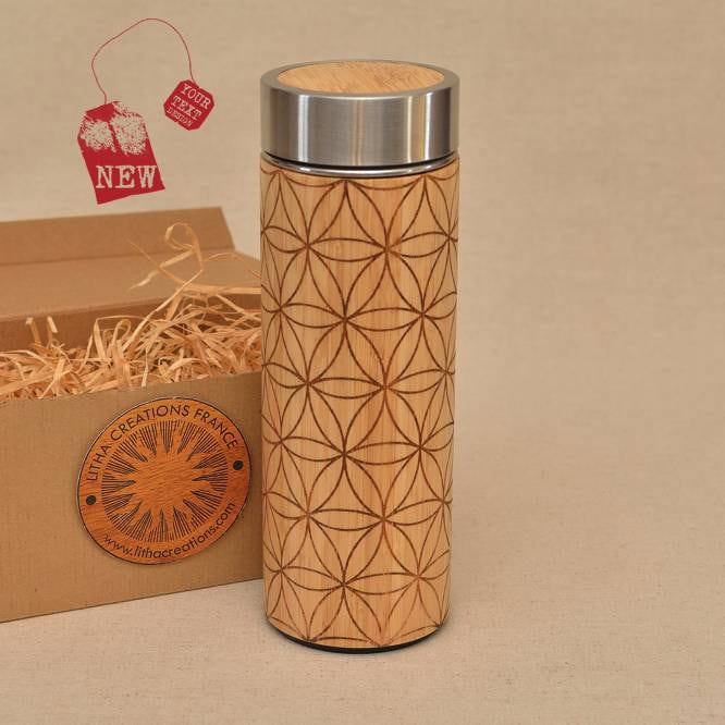 Fleur de Vie Bois Xl Thermos Gravé Tout Autour de La Bouteille d'eau