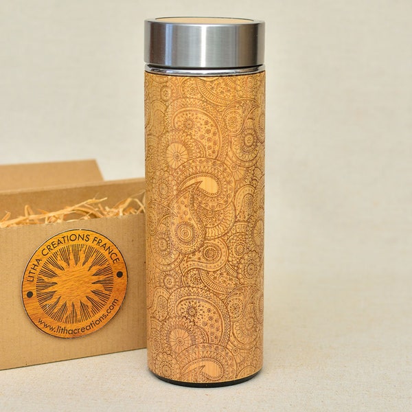 Bouteille d'eau en bois thermos cadeau PAISLEY XL en bois de bambou, gravure du nom GRATUITE sur le couvercle et emballage cadeau offert