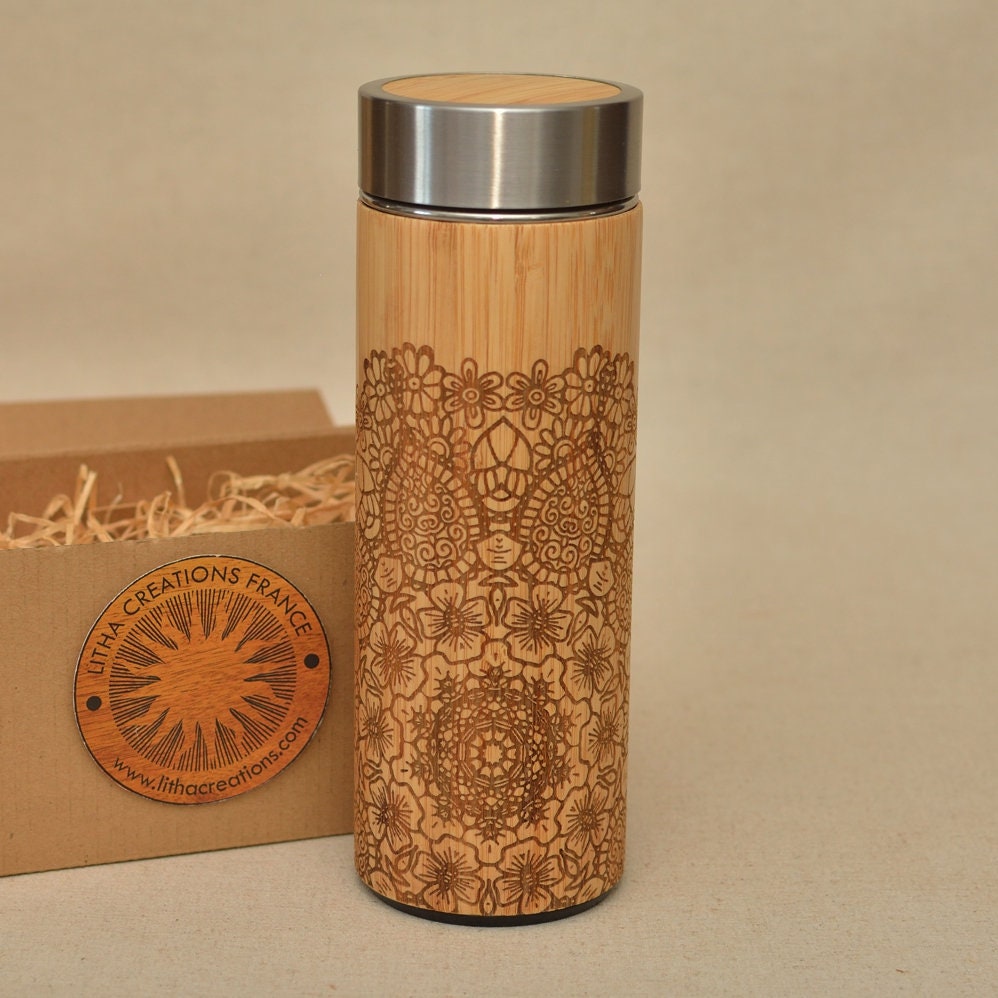 Ethnique Mandala Xl Bois Thermos avec Gravure Géométrique Originale