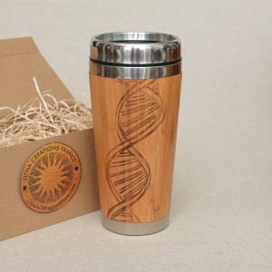 DNA Personalized Bamboo Travel Mug Wooden Custom Engraved Tumbler, Name Engraving & Gift Wrap on Request, for Scientist or Thanks to Doctor.