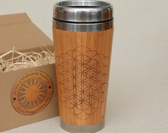 FLOWER of LIFE Bamboo Travel Mug Custom Name Wood Gift Engraved Wooden Tumbler with OPEN design