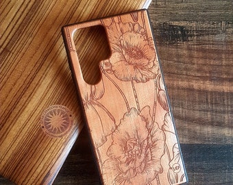 Coquelicots sauvages floraux pour iPhone 15 14 Plus 13 12 11 Pro Max XR XS Max X 8 7 6 SE 2020 coque de téléphone en bois design personnalisé