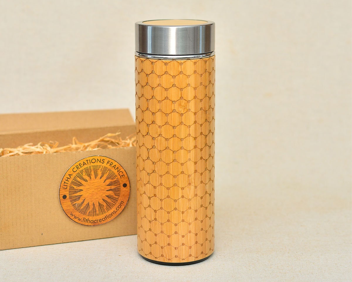 Graphène Treillis Bois Xl Thermos Café Thé Infusion Bouteille Flacon Gravé Bambou Bois