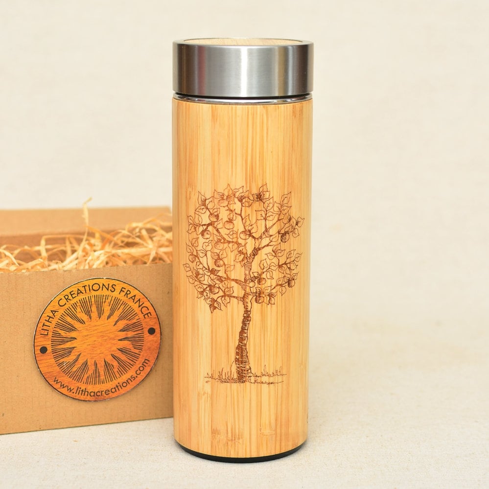 Pommier en Bois Xl Thermos Bouteille d'eau Flacon Gravé sur Mesure Gravé