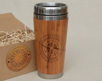 Customized Bamboo Travel Mug COMPASS Wooden Tumbler Coffee to Go Free Name and Gift Wrap on Request