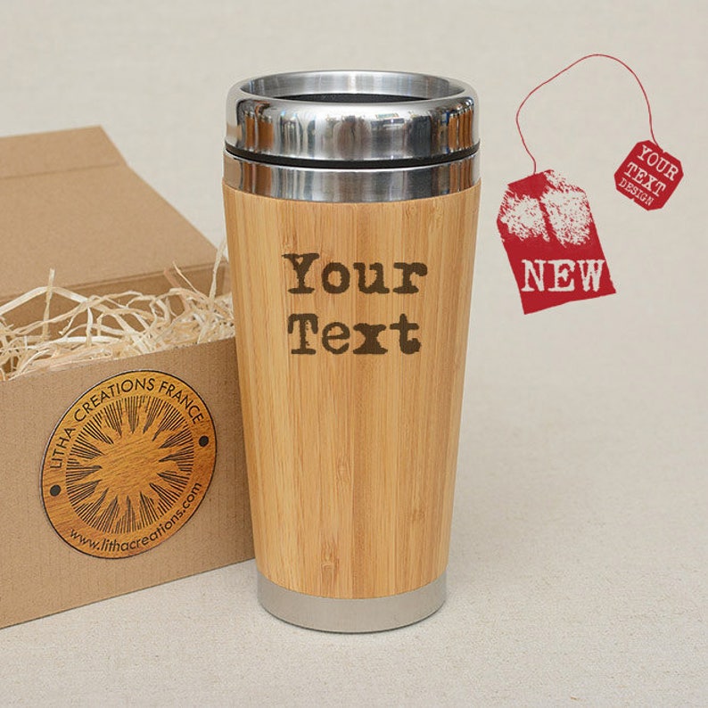 Mug de voyage personnalisé en bambou avec image ou texte personnalisé pour bureau du conducteur, café à emporter, thé en bois, gobelet cadeau image 1