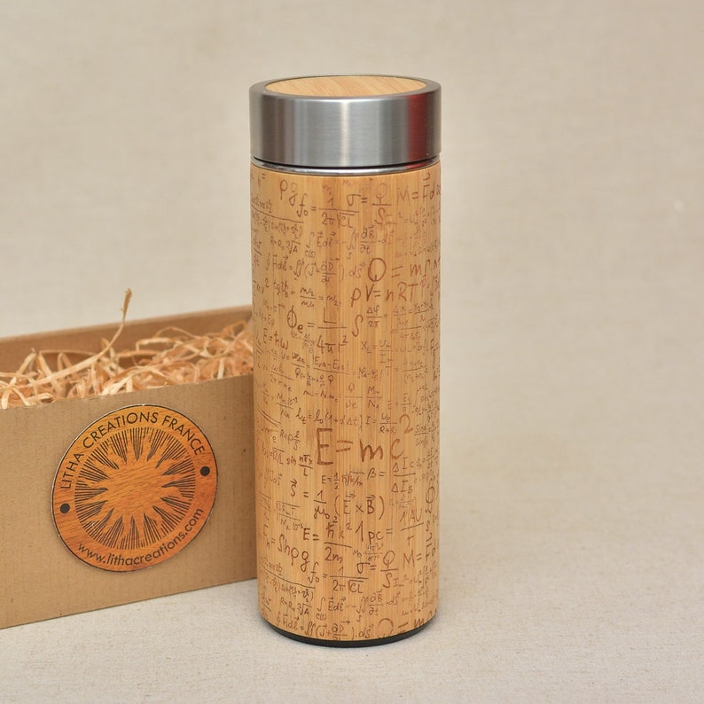 EMC2 Bamboo Wooden XL Thermos Science Student Graduation Gift, Name Engraving on Lid and Gift Wrap Offered image 1