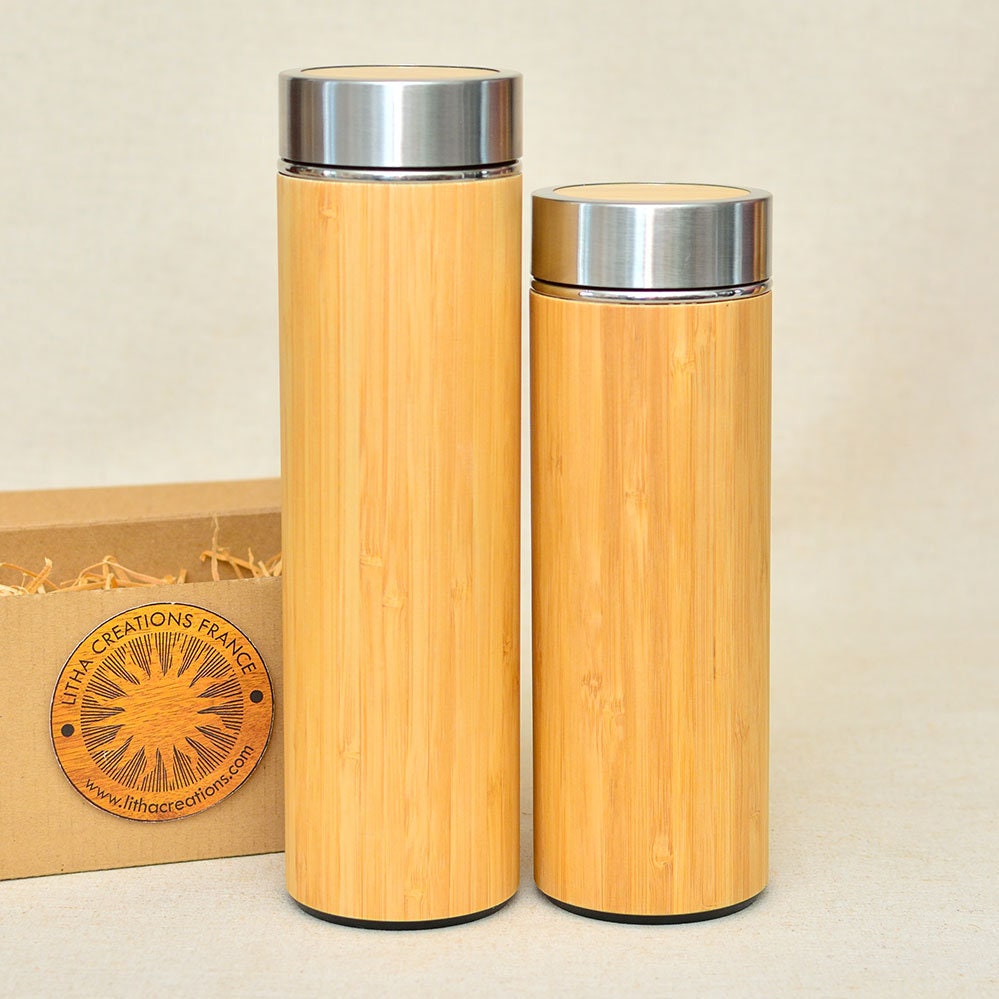 Cadeau Personnalisé en Bois de Bambou Xl Thermos avec Texte ou Image Gravé