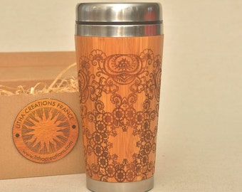 MANDALA Wood Gift Bamboo Travel Mug Customized FLORAL Wooden Tumbler with Name and Gift Wrap on Request