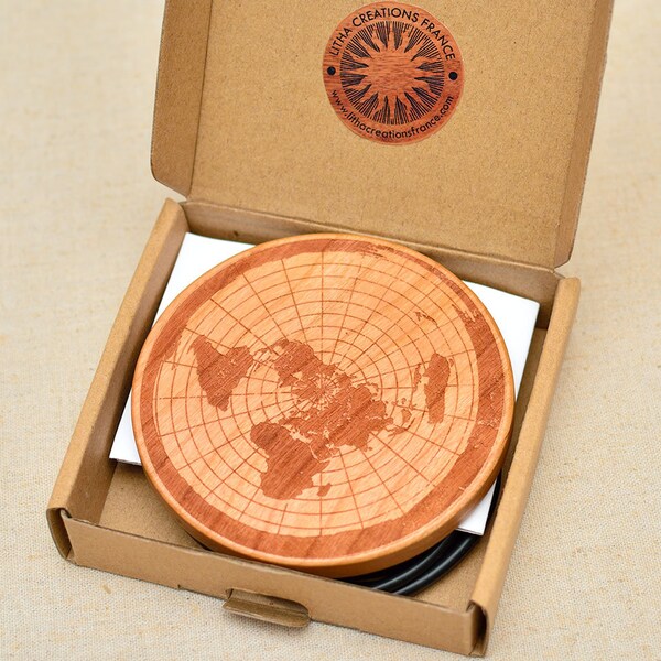 Flat Earth Wireless Phone Charger QI Pad with Customized Engraved Cherry Wood Design