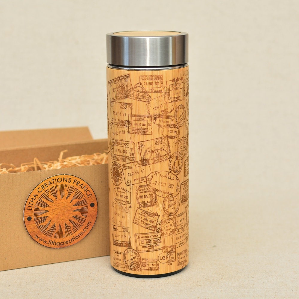 Voyage Stamps Wood Xl Thermos Cadeau Pour Infusion de Thé Nomade Numérique Bouteille d'eau