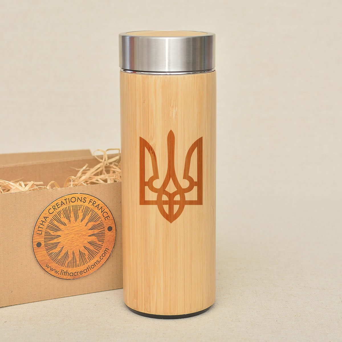 Slava Ukraini Thé en Bois Thermos avec Armoiries Symbolique