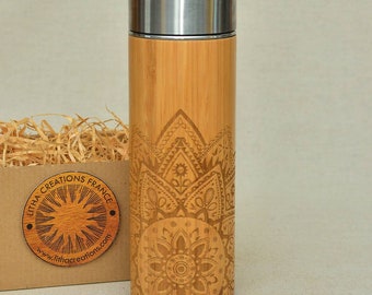 HALF MANDALA Wood XL Thermos with Your Name Unique Water Bottle