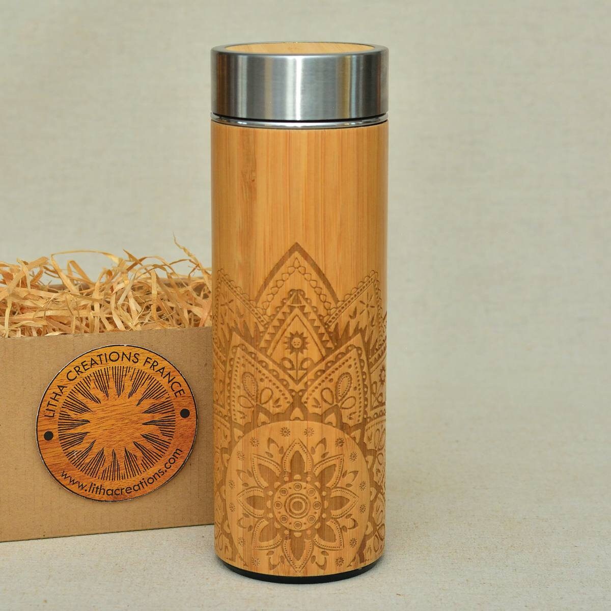 Moitié Mandala Bois Xl Thermos avec Votre Nom Bouteille d'eau Unique