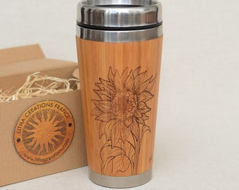 Gobelet en bois TOURNESOL Mug de voyage avec motif floral et botanique personnalisé gravé