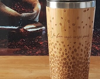 CHICCHI DI CAFFÈ Tazza da viaggio regalo in bambù personalizzata Bicchiere da viaggio in legno con incisione personalizzata Yummy Mindful Moment, incisione del nome e confezione regalo su richiesta