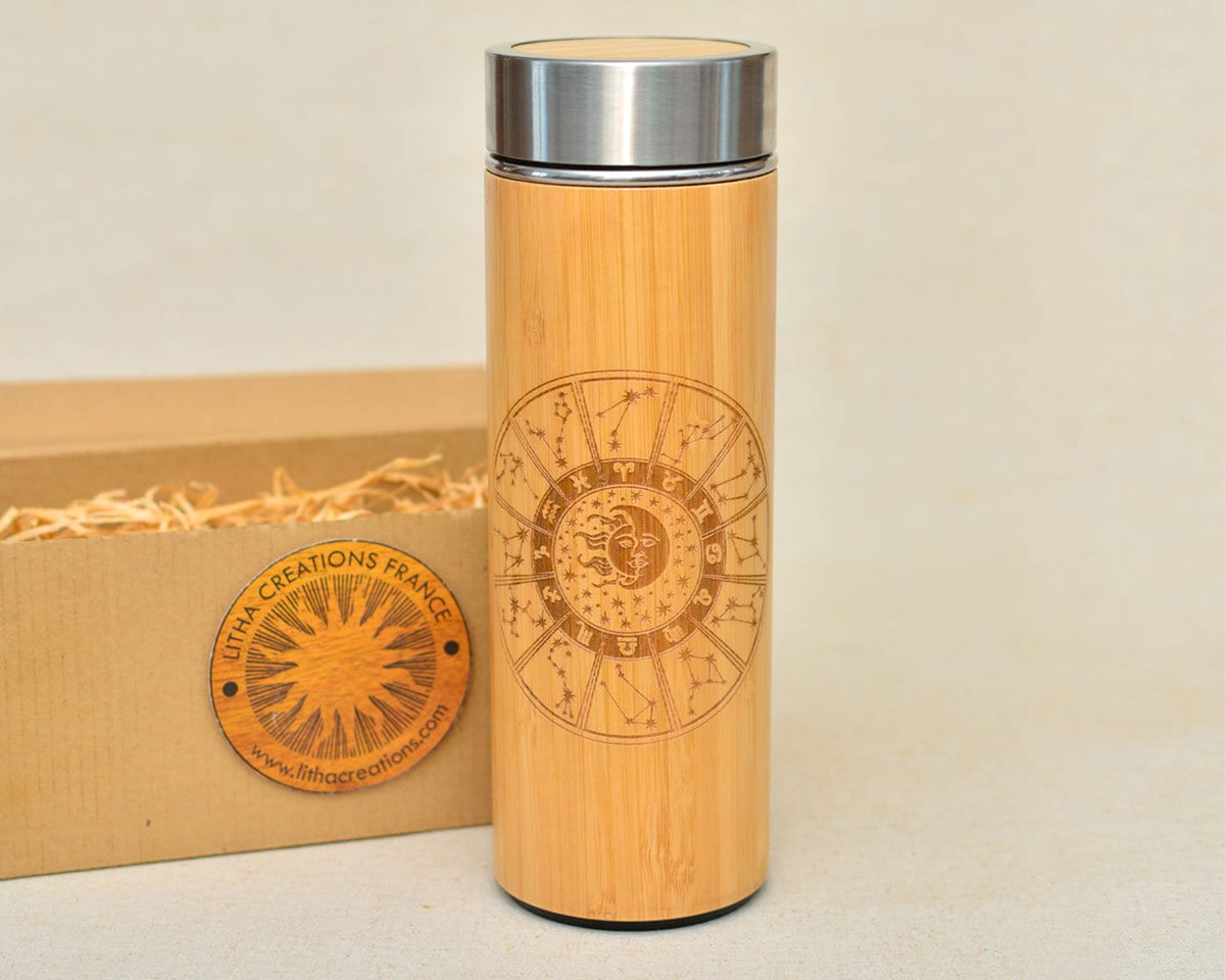 Constellations Bambou Bois Xl Thermos Boho Soleil et Lune Gravé Personnalisé Thé Amateur de Café Asp