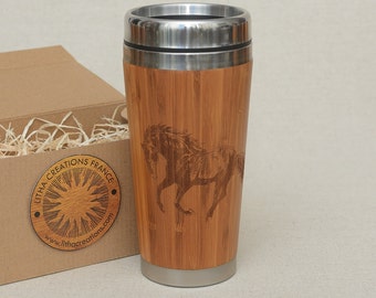 Mug de voyage cheval en bois bambou MUSTANG Gobelet en bois avec nom gravé personnalisé avec emballage cadeau sur demande