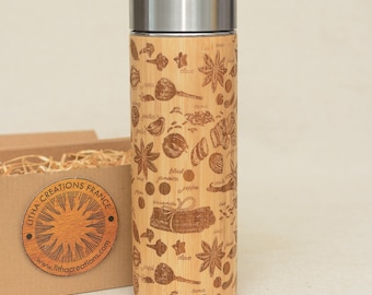 SPICES Wood XL Bamboo Thermos Wooden Water bottle, Name Engraving on Lid and Gift Wrap Offered